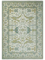 Custom Made Hand Knotted Oriental Oushak Ivory and Light Blue Wool Area Rug