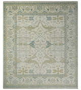 Custom Made Hand Knotted Oriental Oushak Ivory and Light Blue Wool Area Rug
