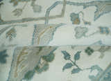 Custom Made Hand Knotted Oriental Oushak Ivory and Teal Wool Area Rug