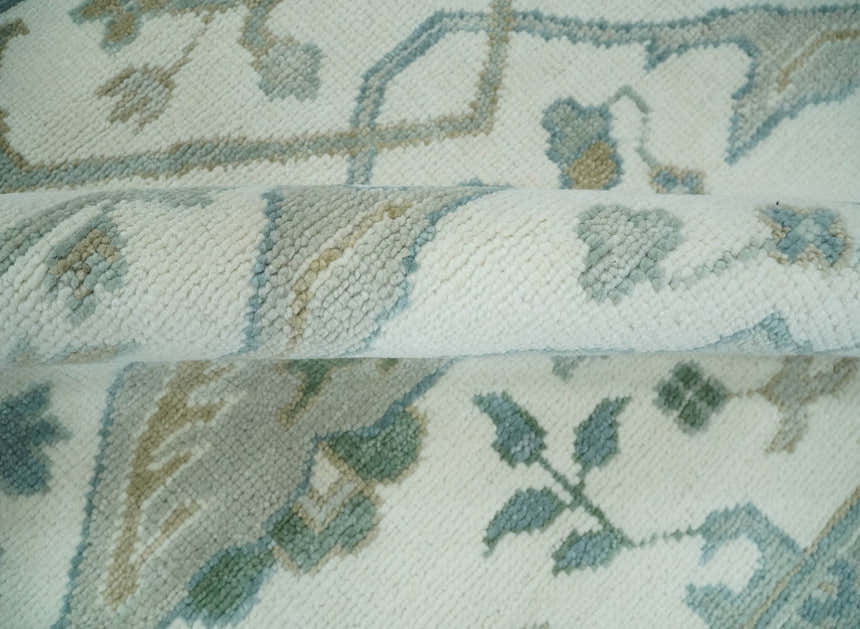 Custom Made Hand Knotted Oriental Oushak Ivory and Teal Wool Area Rug