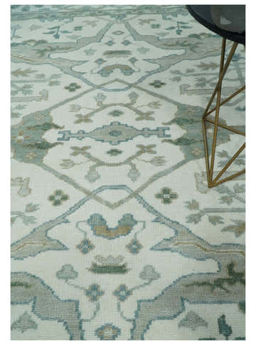 Custom Made Hand Knotted Oriental Oushak Ivory and Teal Wool Area Rug