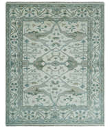 Custom Made Hand Knotted Oriental Oushak Ivory and Teal Wool Area Rug