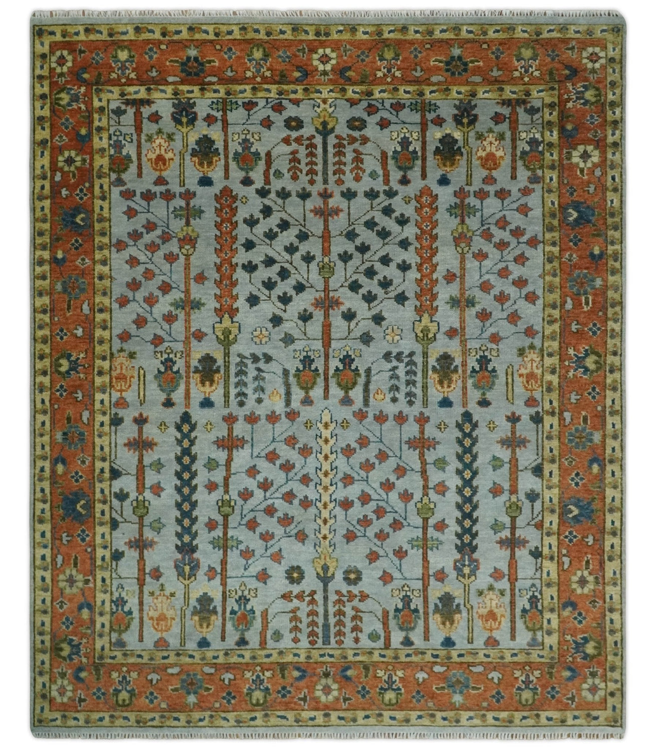 Hand Knotted Rust and Blue Traditional Turkish Vintage Multi Size Wool Rug