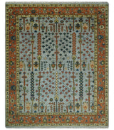 Hand Knotted Rust and Blue Traditional Turkish Vintage Multi Size Wool Rug
