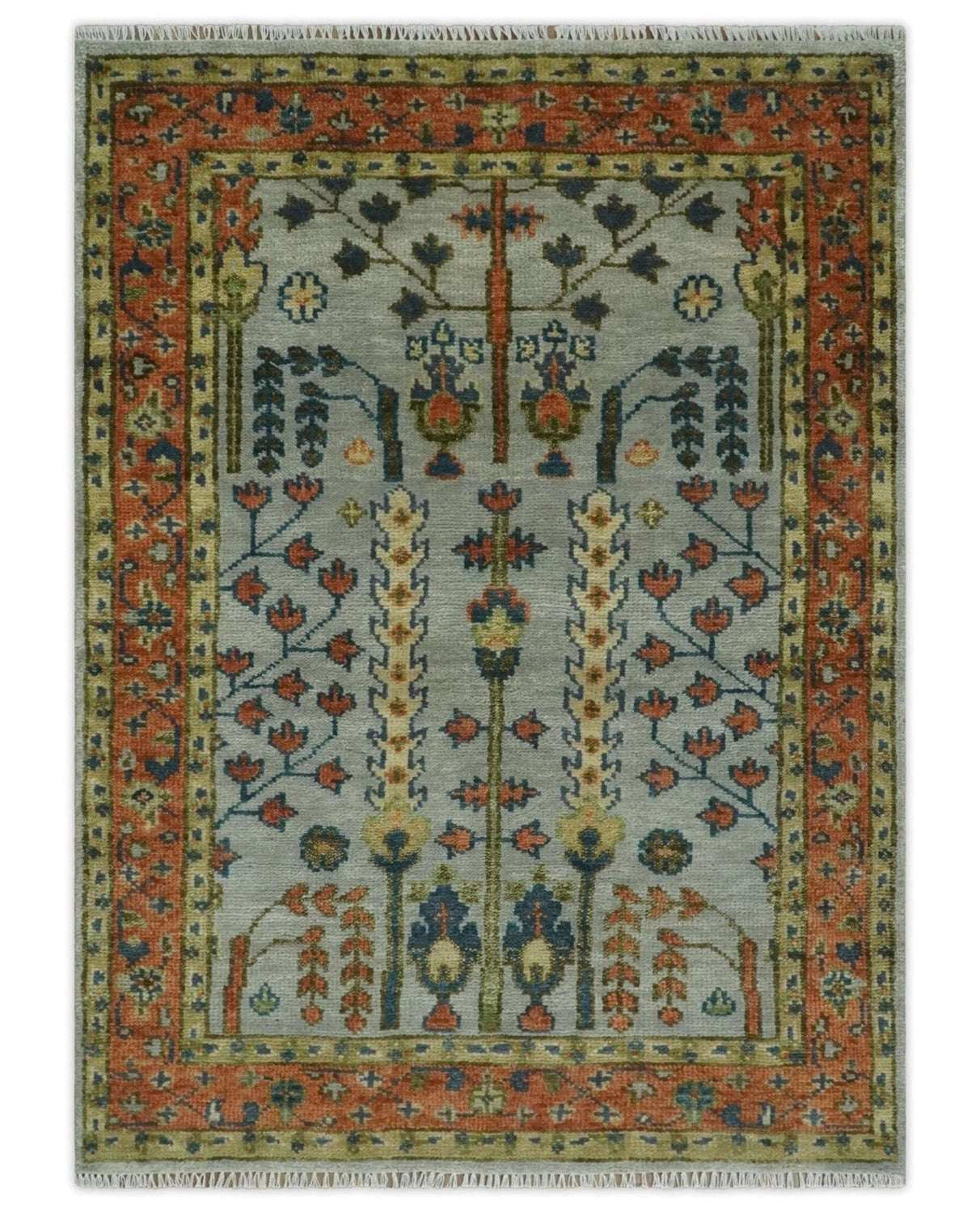 Hand Knotted Rust and Blue Traditional Turkish Vintage Multi Size Wool Rug