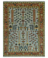 Hand Knotted Rust and Blue Traditional Turkish Vintage Multi Size Wool Rug