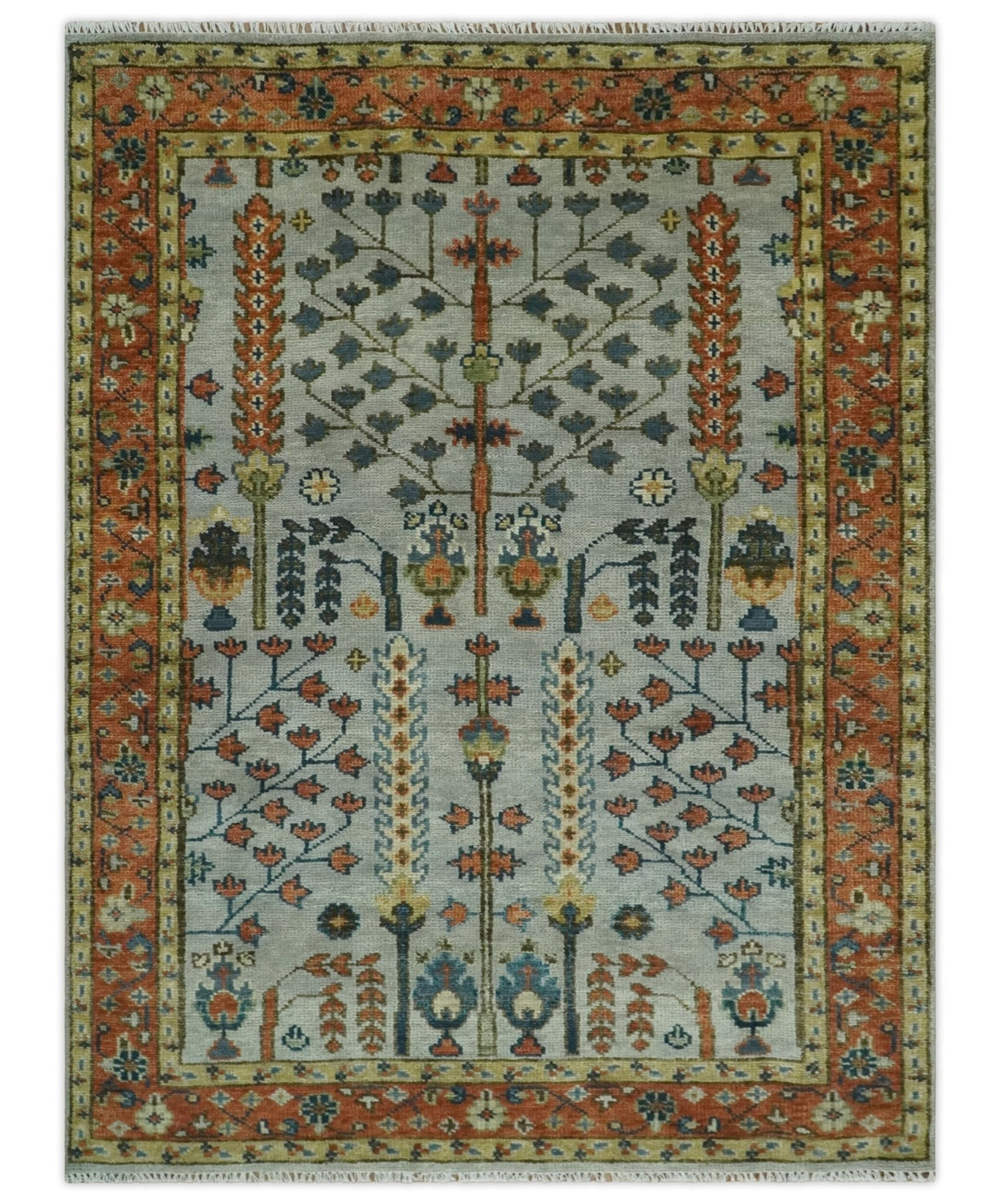Hand Knotted Rust and Blue Traditional Turkish Vintage Multi Size Wool Rug