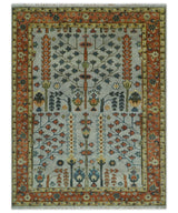 Hand Knotted Rust and Blue Traditional Turkish Vintage Multi Size Wool Rug