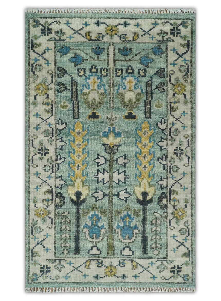 Hand Knotted Traditional Blue and Ivory Antique Oushak Custom Made Wool Area Rug