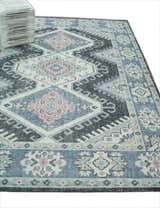 Custom Made Ivory, Charcoal, Silver and Blue Traditional Hand knotted wool Area Rug