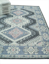 Custom Made Ivory, Charcoal, Silver and Blue Traditional Hand knotted wool Area Rug