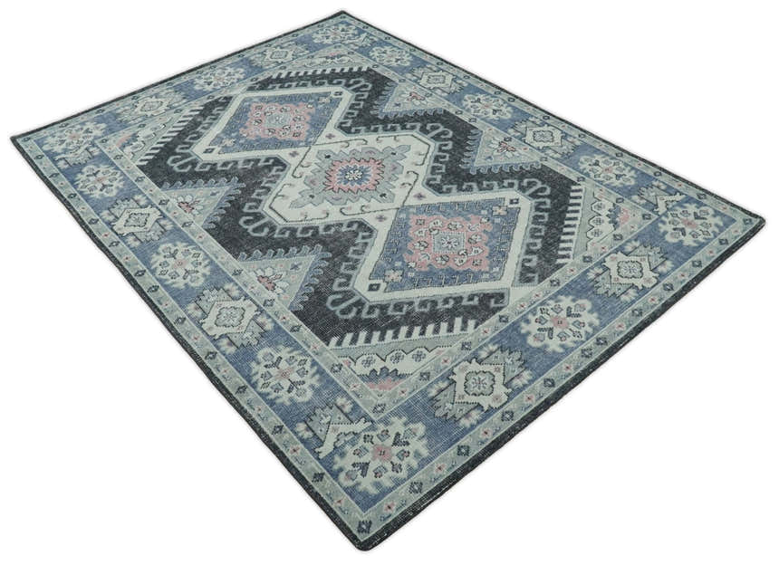Custom Made Ivory, Charcoal, Silver and Blue Traditional Hand knotted wool Area Rug
