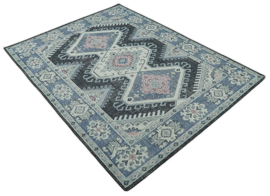 Custom Made Ivory, Charcoal, Silver and Blue Traditional Hand knotted wool Area Rug