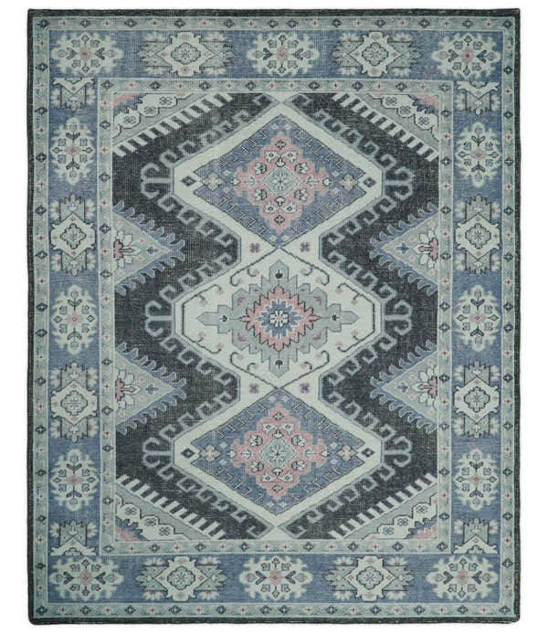 Custom Made Ivory, Charcoal, Silver and Blue Traditional Hand knotted wool Area Rug