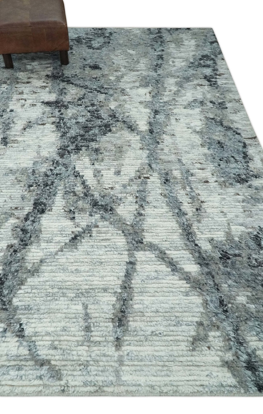 Hand Knotted Ivory, Black and Charcoal Modern Abstract Made with Blended Wool Multi Size Rug