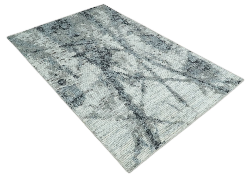 Hand Knotted Ivory, Black and Charcoal Modern Abstract Made with Blended Wool Multi Size Rug