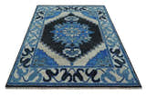 Blue, Black and Ivory Hand Knotted Antique Traditional Heriz Serapi Multi Size Wool Area Rug
