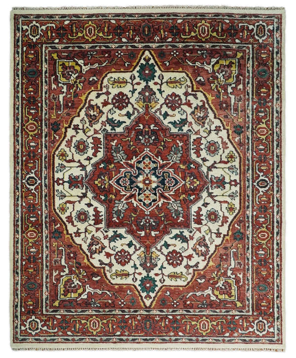 Ivory and Rust Traditional Heriz Medallion Hand Knotted Multi Size wool Area Rug