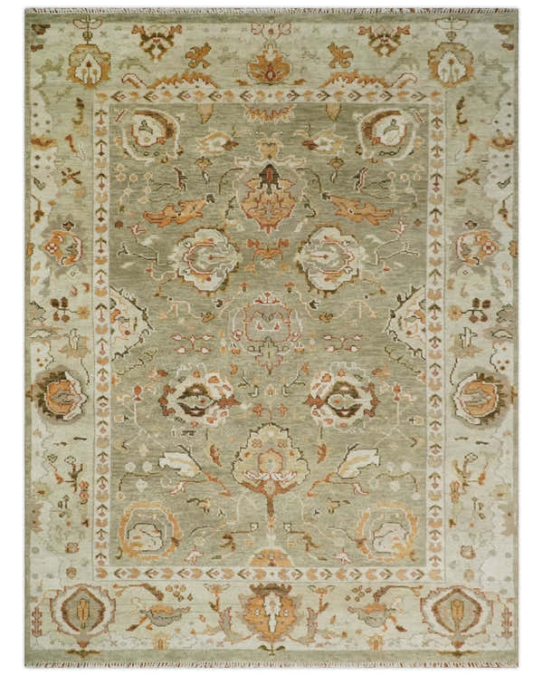 Hand Knotted Antique Olive and Ivory Traditional Persian Vintage Oushak Wool Rug | TRDCP707
