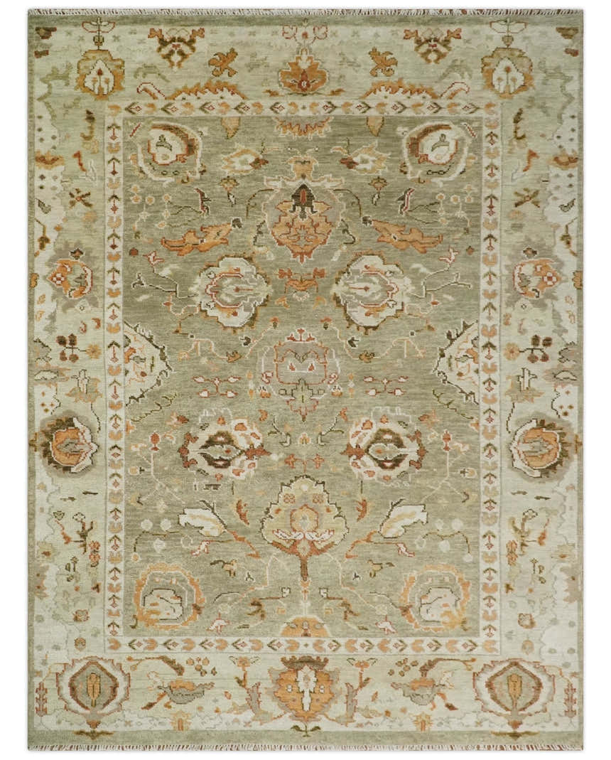 Hand Knotted Antique Olive and Ivory Traditional Persian Vintage Oushak Wool Rug | TRDCP707