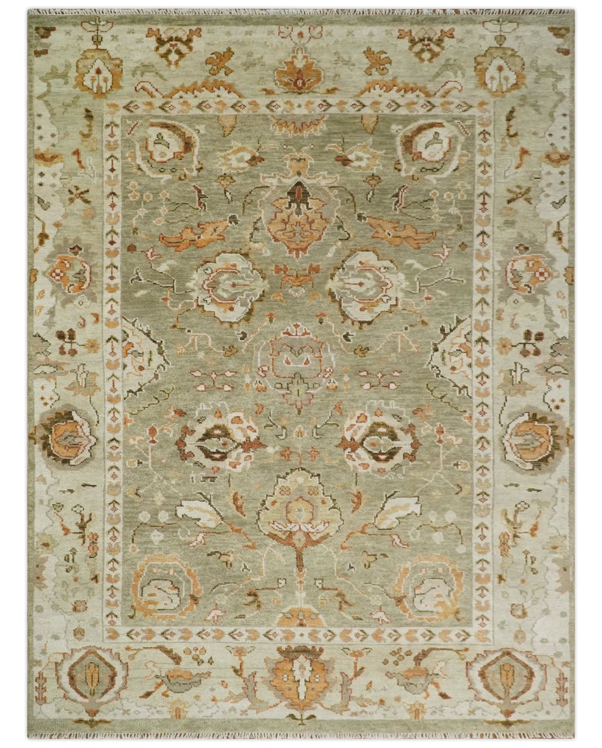 Hand Knotted Antique Olive and Ivory Traditional Persian Vintage Oushak Wool Rug | TRDCP707