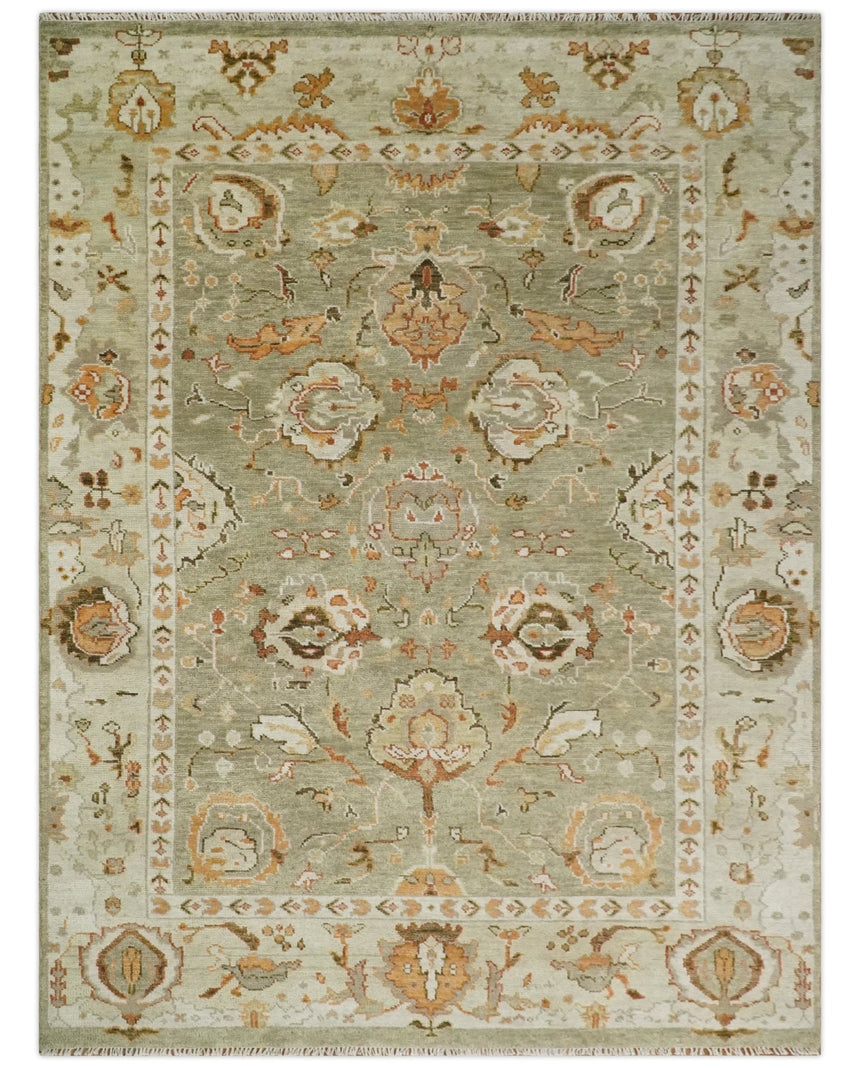 Hand Knotted Antique Olive and Ivory Traditional Persian Vintage Oushak Wool Rug | TRDCP707