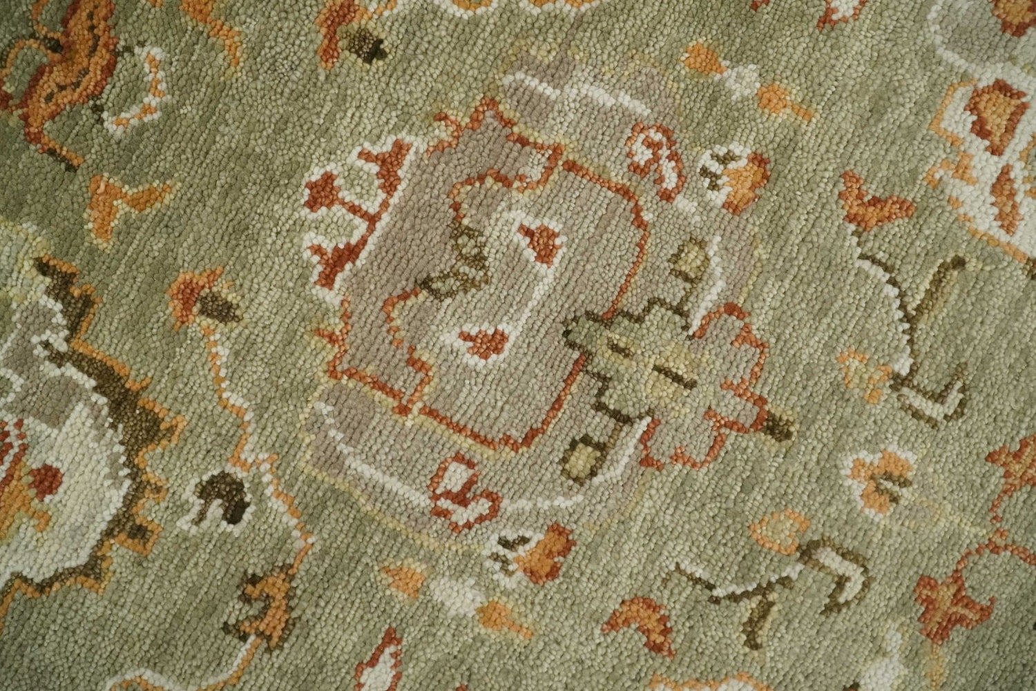 Hand Knotted Antique Olive and Ivory Traditional Persian Vintage Oushak Wool Rug | TRDCP707