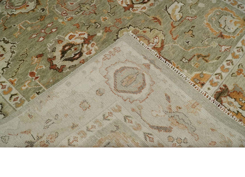 Hand Knotted Antique Olive and Ivory Traditional Persian Vintage Oushak Wool Rug | TRDCP707