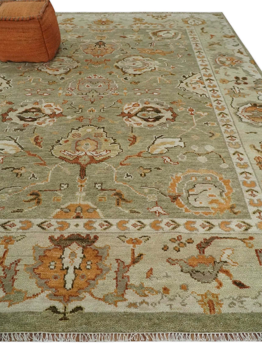 Hand Knotted Antique Olive and Ivory Traditional Persian Vintage Oushak Wool Rug | TRDCP707