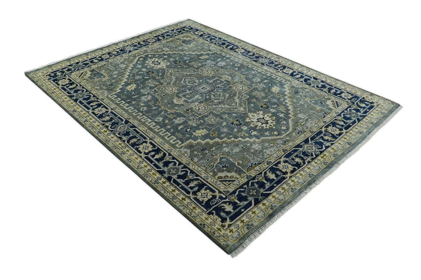 Custom Made Hand Knotted Antique Moss Gray Beige and Blue Traditional Heriz Serapi Wool Area Rug