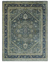 Custom Made Hand Knotted Antique Moss Gray Beige and Blue Traditional Heriz Serapi Wool Area Rug