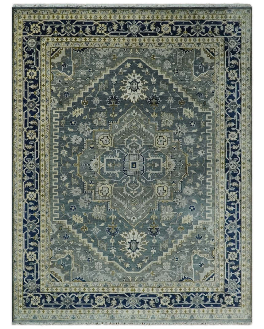 Custom Made Hand Knotted Antique Moss Gray Beige and Blue Traditional Heriz Serapi Wool Area Rug