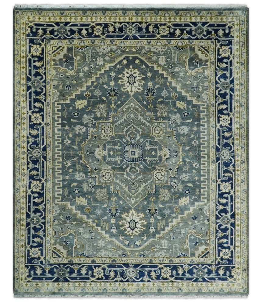 Custom Made Hand Knotted Antique Moss Gray Beige and Blue Traditional Heriz Serapi Wool Area Rug