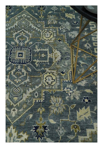 Custom Made Hand Knotted Antique Moss Gray Beige and Blue Traditional Heriz Serapi Wool Area Rug