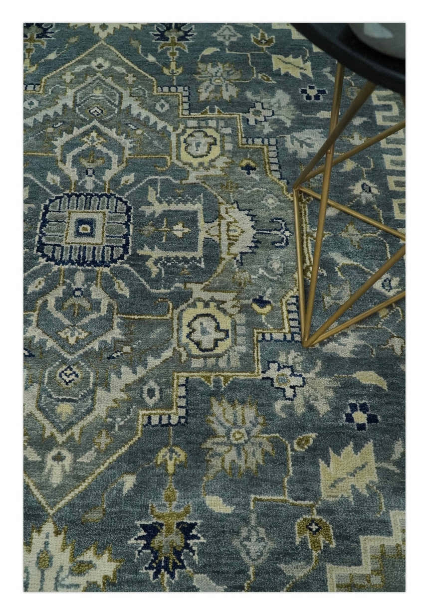 Custom Made Hand Knotted Antique Moss Gray Beige and Blue Traditional Heriz Serapi Wool Area Rug