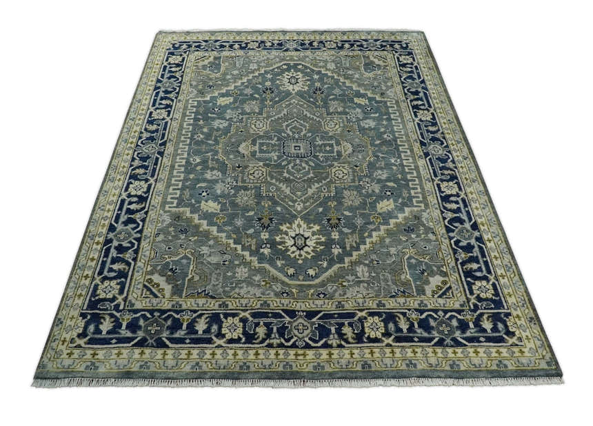 Custom Made Hand Knotted Antique Moss Gray Beige and Blue Traditional Heriz Serapi Wool Area Rug