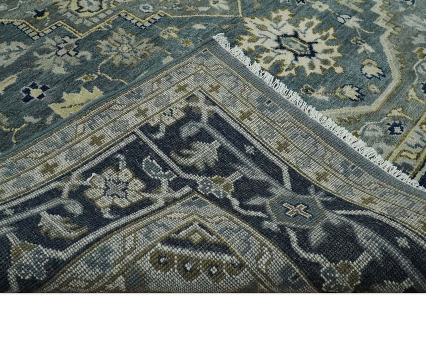 Custom Made Hand Knotted Antique Moss Gray Beige and Blue Traditional Heriz Serapi Wool Area Rug