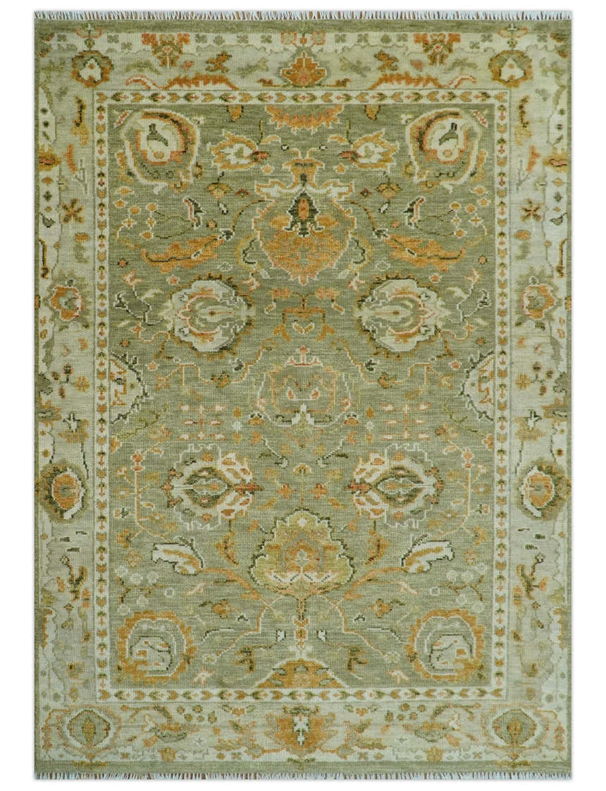 Hand Knotted Antique Olive and Ivory Traditional Persian Vintage Oushak Wool Rug | TRDCP707