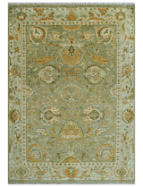 Hand Knotted Antique Olive and Ivory Traditional Persian Vintage Oushak Wool Rug | TRDCP707