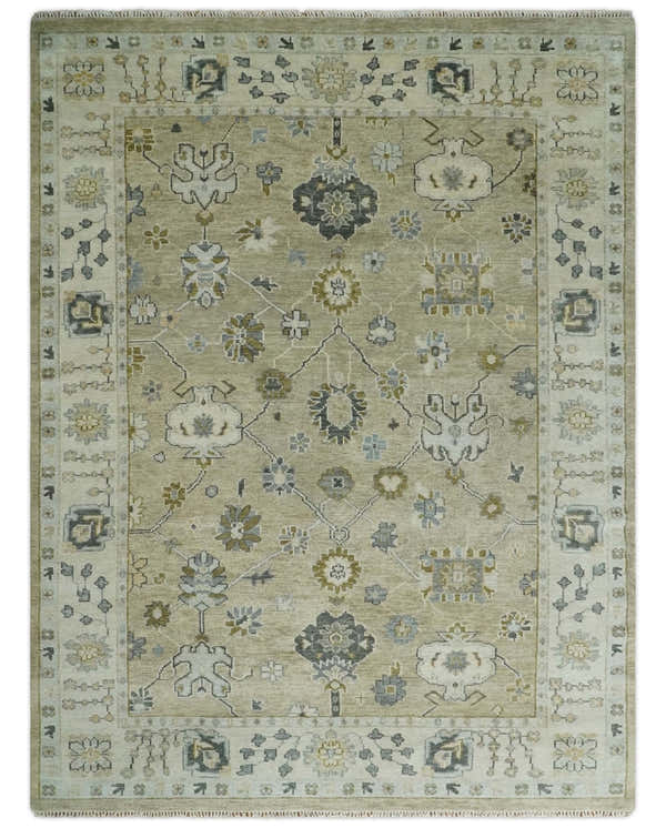 Hand Knotted Antique Oushak Olive and Beige Traditional Oushak Multi Size Wool Area Rug