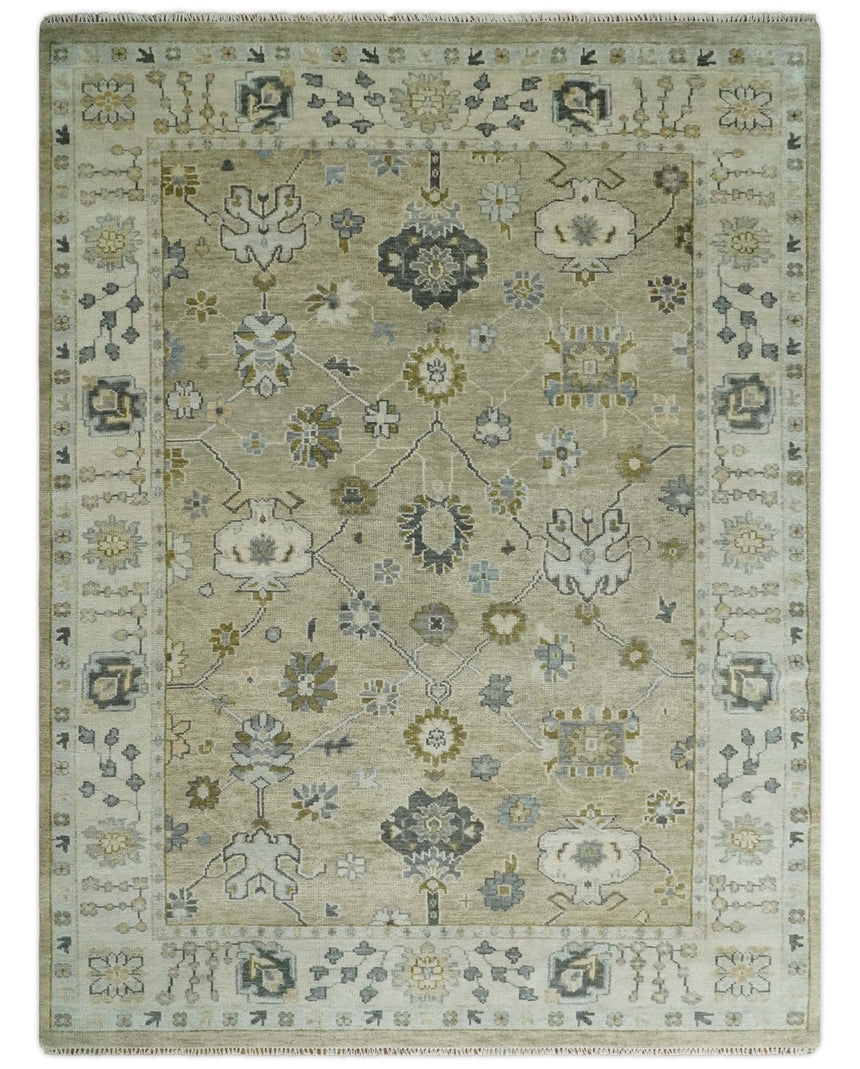 Hand Knotted Antique Oushak Olive and Beige Traditional Oushak Multi Size Wool Area Rug