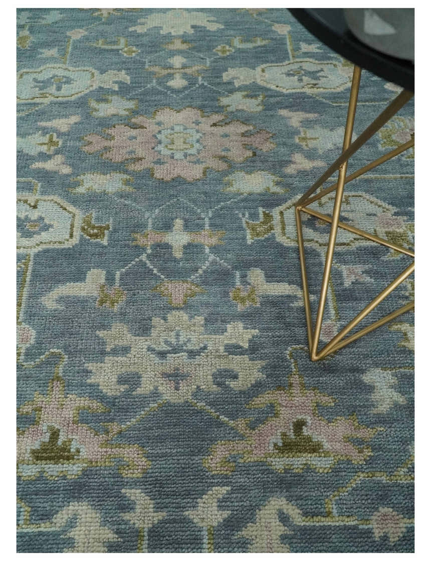 Custom Made Hand Knotted Gray, Blue and Beige Traditional Oushak Wool Area Rug