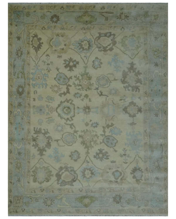 Hand Knotted Antique Style Beige and Silver Traditional Multi Size Oushak Wool Rug
