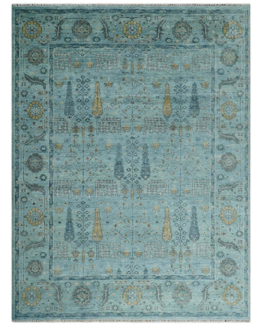 Hand Knotted Teal and Beige Multi Size Traditional Turkish Tree of Life Wool Rug