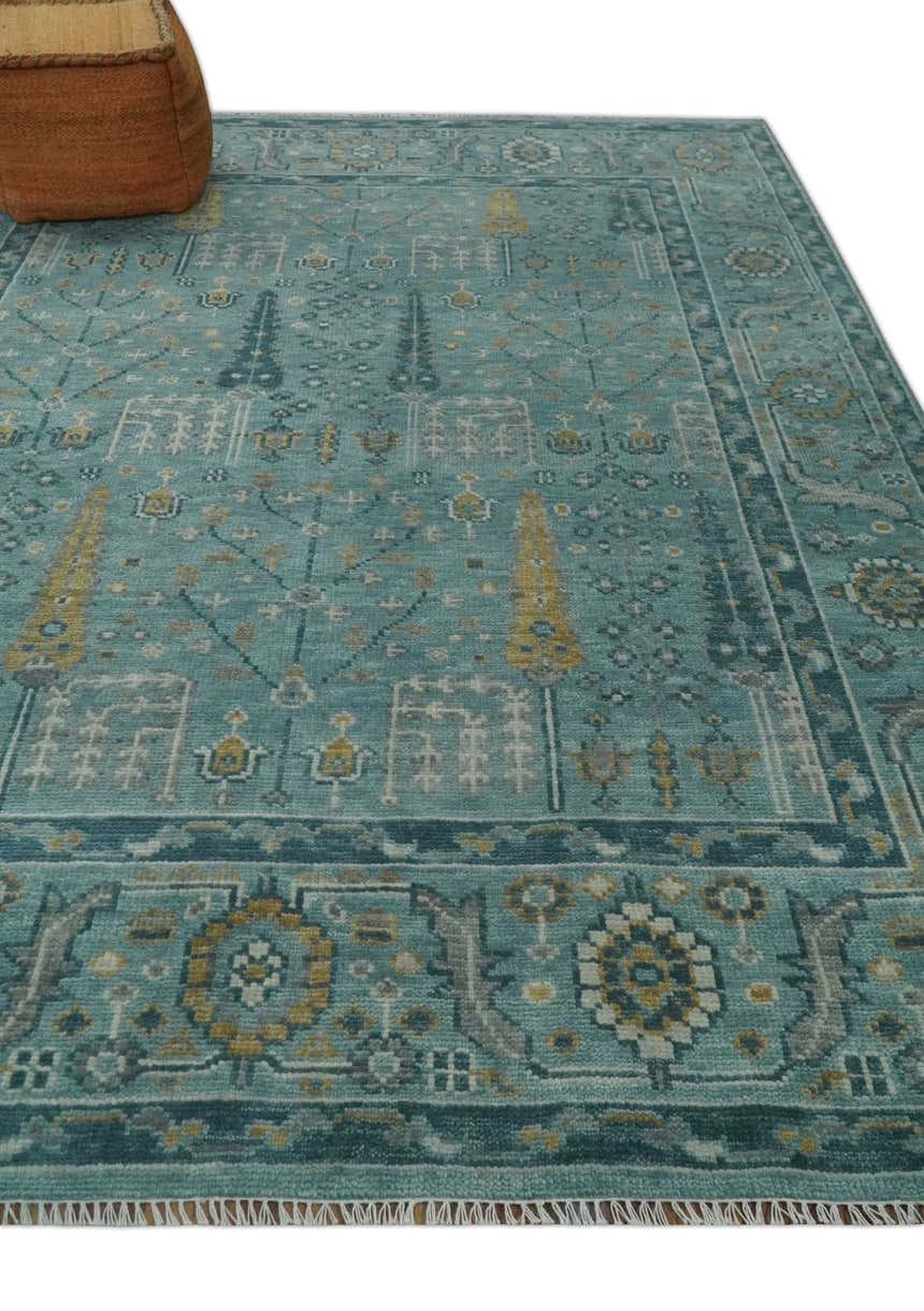 Hand Knotted Teal and Beige Multi Size Traditional Turkish Tree of Life Wool Rug