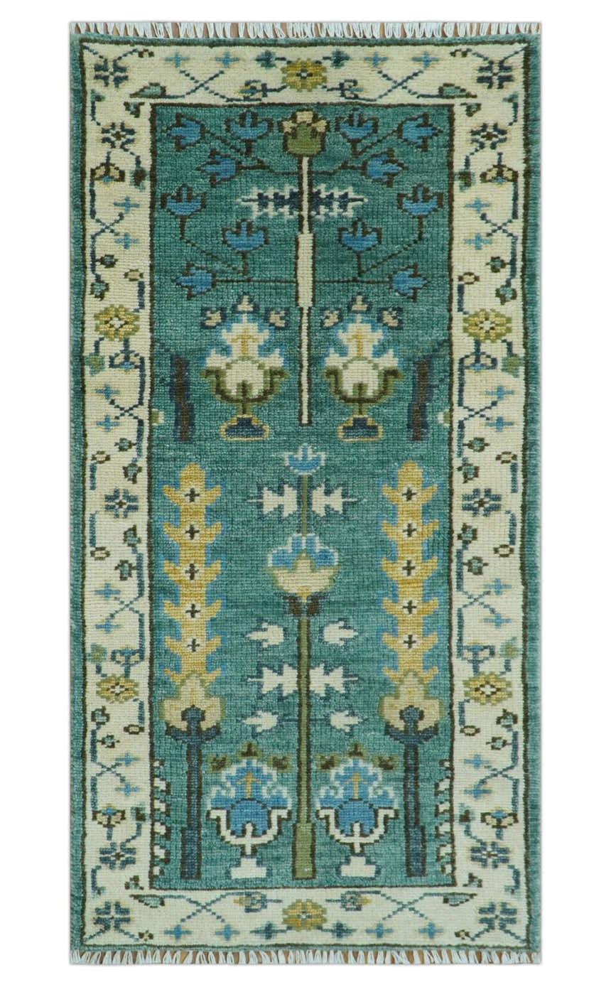 Hand Knotted Aqua Green and Ivory Traditional Turkish Vintage Style Mu ...