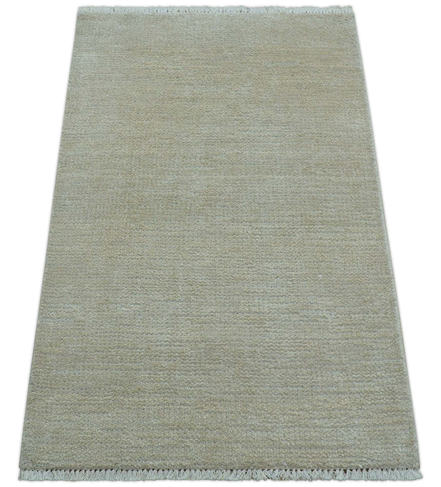 Hand Knotted Beige Modern Solid Design Wool And Silk Rug