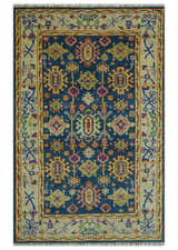 Hand Knotted Blue and Beige Persian Oushak Wool Rug