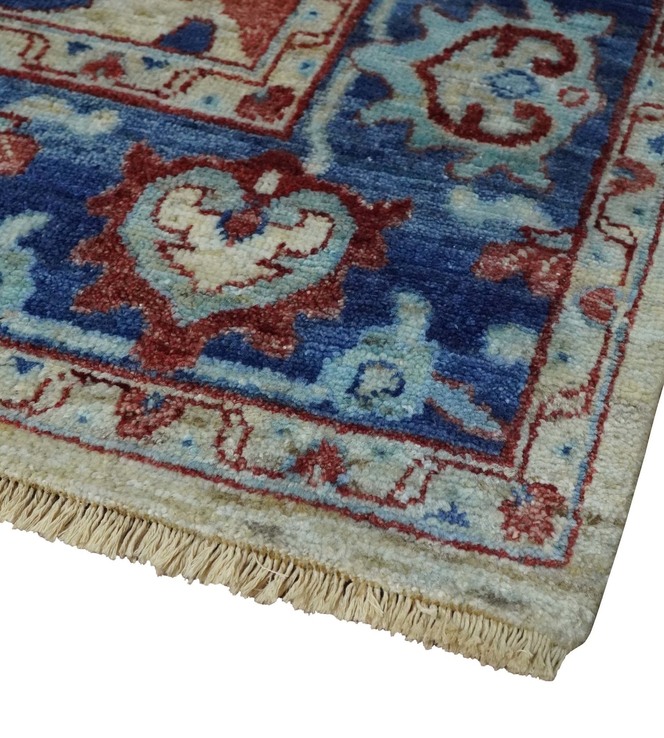 Hand Knotted Blue and Ivory Antique Vintage Style Custom Made Wool Rug, Living Room Rug