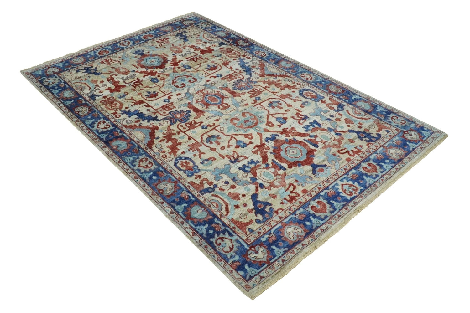 Hand Knotted Blue and Ivory Antique Vintage Style Custom Made Wool Rug, Living Room Rug